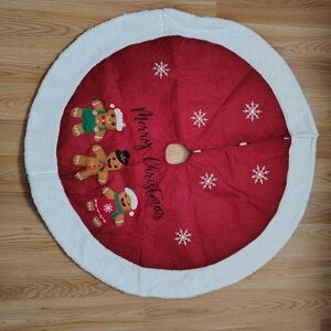 Red Christmas Tree Skirt with Snowflakes and Gingerbread Men